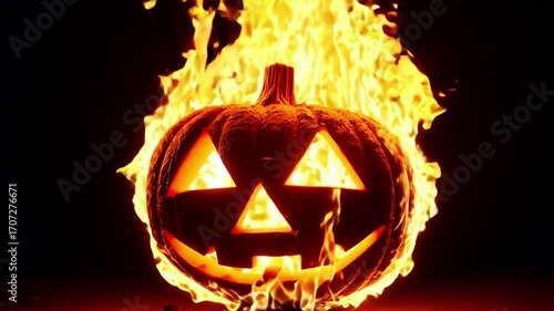 Jack O Lantern engulfed in flames and isolated on black background