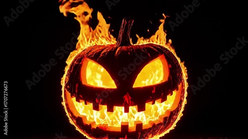 Jack O Lantern engulfed in flames and isolated on black background