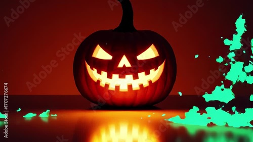 A halloween lit Jack O Lantern in a spotlight glow on a wide dark orange background