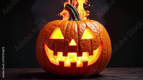 Jack O Lantern engulfed in flames and isolated on black background