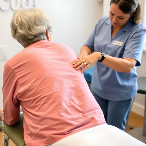 Physical therapist doing back percussion on a senior patient to help loosen and drain secretions from her lungs