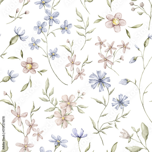 Watercolor delicate seamless pattern with wildflowers, plants. Floral, botanical  background. Ethereal leaves and branches