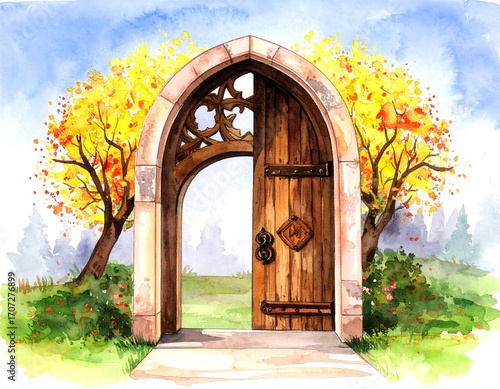 Watercolor archway with open door and autumnal trees