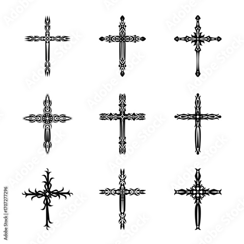 Christian cross vector icon symbols. Abstract christian religious belief or faith art illustration for orthodox or catholic design. The symbol of the cross in various designs used in tattoo.