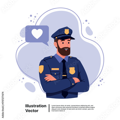 Friendly police officer character with a heart icon symbolizing community support and appreciation
