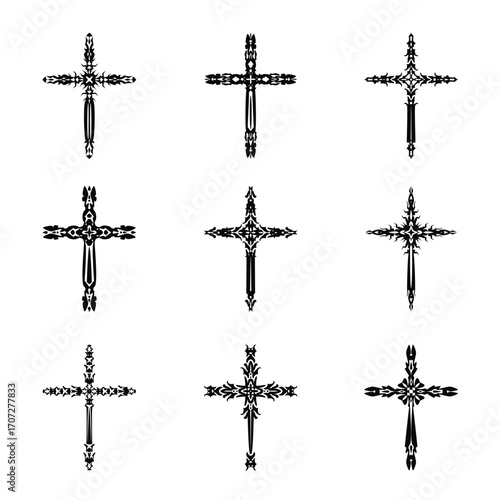 Christian cross vector icon symbols. Abstract christian religious belief or faith art illustration for orthodox or catholic design. The symbol of the cross in various designs used in tattoo.