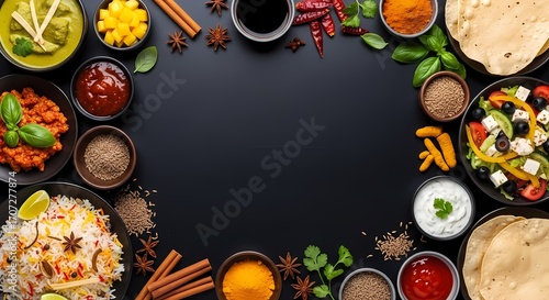 Wallpaper Mural Overhead arrangement of multiple dishes and spices around a black chalkboard with empty center for text. Torontodigital.ca