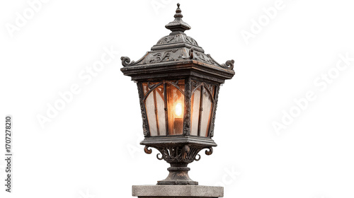 Ornate, dark metal lantern, warm light