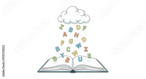 Illustration of an open book with colorful letters emerging from the pages and floating up to a white cloud, symbolizing Random Acts of Poetry Day in a whimsical and creative way.