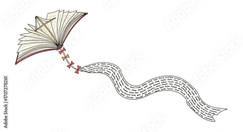 Illustration of an open book with a long, wavy strip of paper flowing out, symbolizing poetry and literature on Random Acts of Poetry Day against a clean white background.