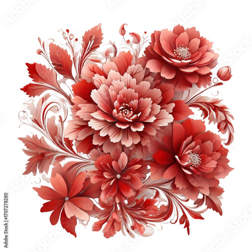 Vibrant Red Peony Flower Arrangement with Swirling Leaves on White Background red flowers