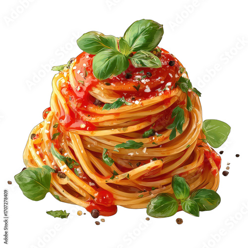 A vibrant heap of spaghetti with tomato sauce