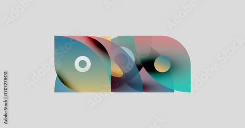Abstract shapes overlap, creating colorful gradients. Circles punctuate design, set against light gray background. Modern, fluid aesthetic.