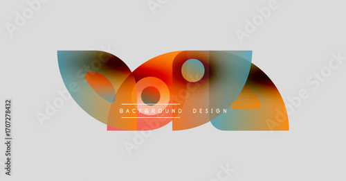 Abstract colorful shapes overlap, creating dynamic visual effect. Background features gradients, orange, blue hues. Text reads background design.