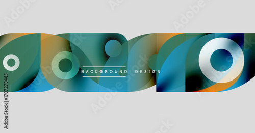 Abstract colorful shapes overlap, creating dynamic background. Blue, orange, green hues dominate design. Modern aesthetic.