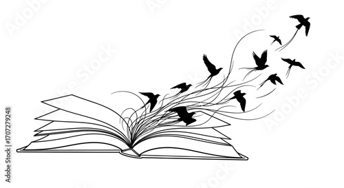 An open book with silhouetted birds flying out of its pages, symbolizing imagination and freedom.