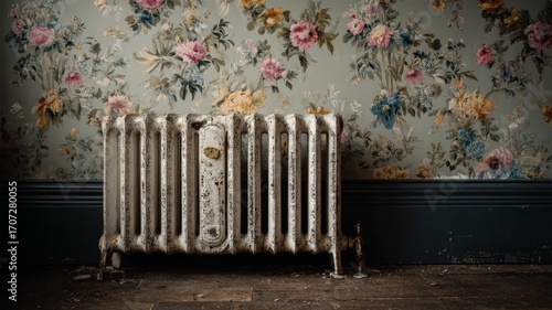 Vintage old heat radiator against peeling, aged wallpaper background with rustic textures and worn decorative patterns for interior and antique design themes