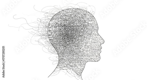 Illustration of a human head in profile made up of tiny words with swirling lines emanating from it on a white background, celebrating Random Acts of Poetry Day with a creative and