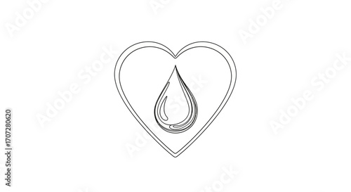 A minimalist line drawing of a water droplet centered within a heart outline on a plain white background, symbolizing Random Acts of Poetry Day with simple, elegant design.