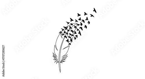 Illustration of a feather with birds flying out, symbolizing Random Acts of Poetry Day, in a minimalist black and white style with a clean white background.