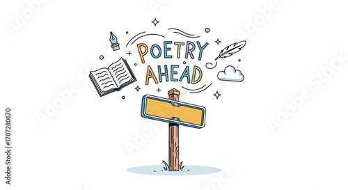Illustration of a signpost with 'Poetry Ahead' and whimsical design elements celebrating Random Acts of Poetry Day on a clean white background.