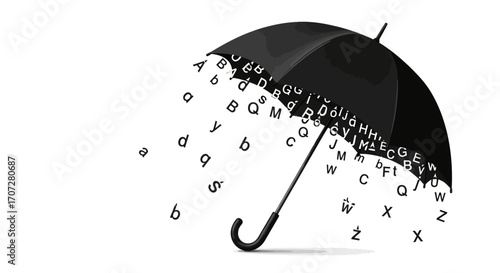 A black umbrella with letters pouring out of it, celebrating Random Acts of Poetry Day on a clean white background with a creative and literary mood.