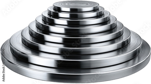 Concentric circles of metal, progressively smaller, creating a tiered, metallic pyramid shape