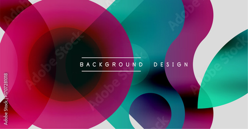 Abstract colorful circles overlap creating dynamic modern background. Gradient shades blend, forming fluid shapes. Design feels energetic, vibrant.