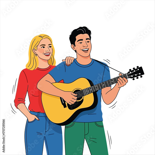 Couple enjoying music together with a man playing guitar and a woman smiling