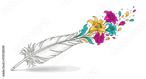 Illustration of a white feather with vibrant pink, yellow, and teal flowers emerging from its tip on a plain white background with a subtle shadow.