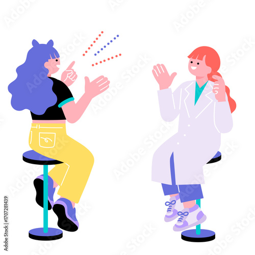 ポップでカラフルなZ世代の若者と白衣の女性が会話をするイラスト