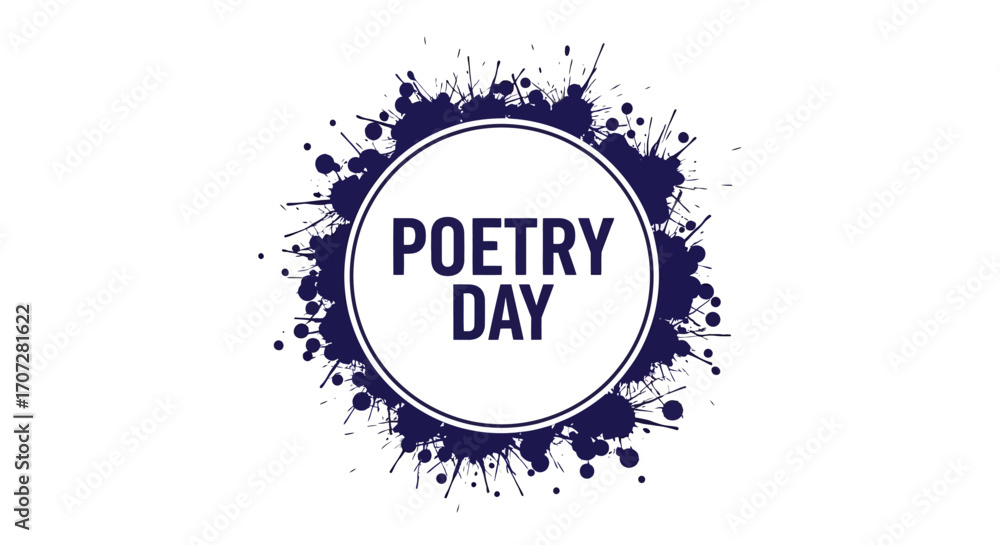 Obraz premium Graphic design for Random Acts of Poetry Day with 'POETRY DAY' text in purple on a white circle surrounded by purple splatters on a white background.