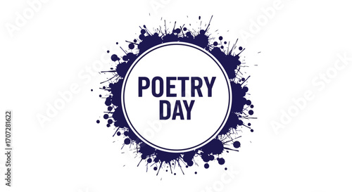 Graphic design for Random Acts of Poetry Day with 'POETRY DAY' text in purple on a white circle surrounded by purple splatters on a white background.