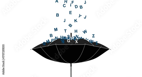 Illustration of a black umbrella with blue letters pouring out, symbolizing Random Acts of Poetry Day on a white background with a creative and playful mood.
