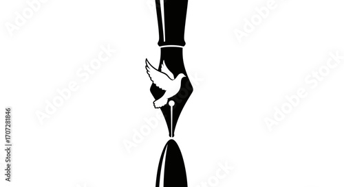 Illustration of a pen nib with a white dove emerging from it, symbolizing Random Acts of Poetry Day with a simple, graphic design on a clean white background.