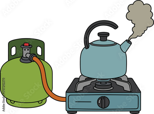 Gas stove boiling water, kettle steam, household setup, green cylinder, flame control, outdoor cooking, kitchen utility, boiling process, heat source, lifestyle icon, appliance graphic