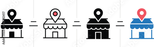 Storefront icons, location pin, business mapping, shop symbol, navigation graphic, retail locator, black and blue, red pin, commercial design, stylized store, branding icon