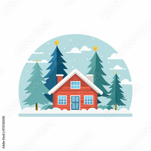 Charming Red Wooden Cabin in Snowy Winter Landscape.
