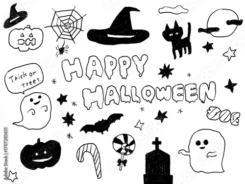 手描きあしらいセット　イラスト　アイコン　モノクロ　ハロウィン