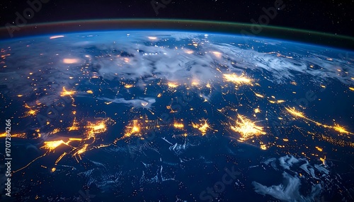 A high-angle perspective showcases Earth from space. Cities glow with light against a dark, curving horizon & scattered clouds
