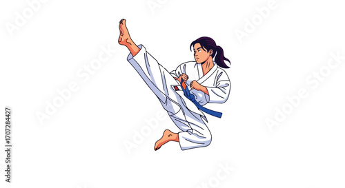 Female martial artist in a white gi executing a powerful high kick.