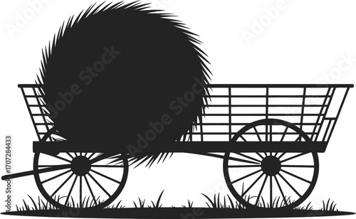 Hay Wagon Silhouette Illustration Black Vector with Round Bale on a Farm Cart Design