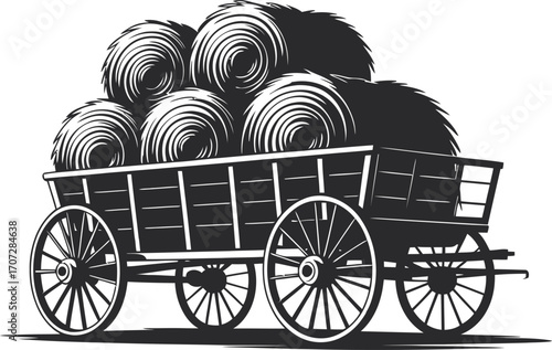 Hay Wagon Silhouette Illustration Black Vector with Round Bales on a Farm Cart Design