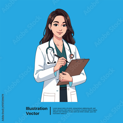 Female Doctor Holding Clipboard and Pen with a Blue Background Medical Professional