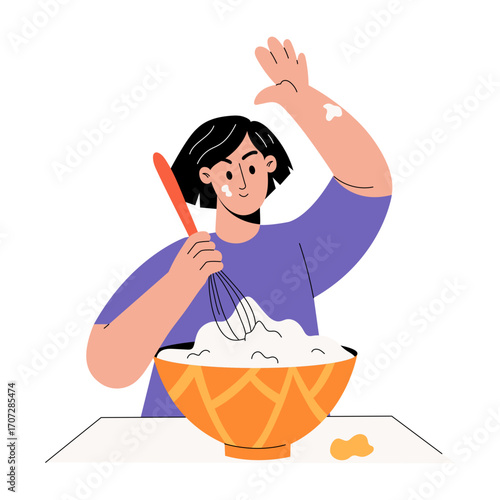 A flat style illustration showing a person mixing batter 
