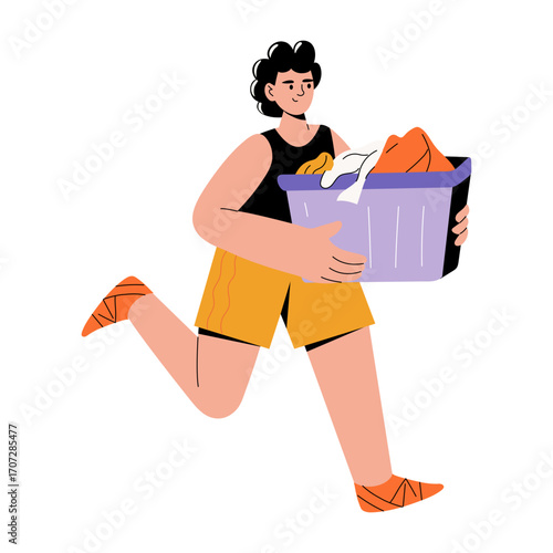A flat style illustration showing a person holding laundry basket 
