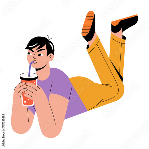 A flat style illustration showing a person drinking juice 
