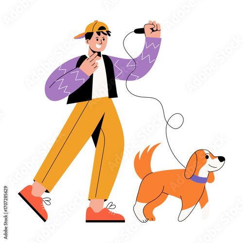 A flat style illustration showing dog walk 
