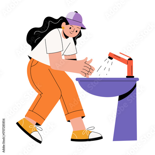 A flat style illustration showing a person washing hands 
