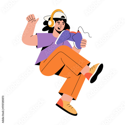A flat style illustration showing a gamer 
